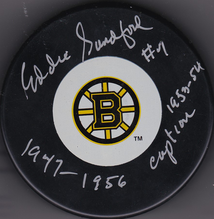 Ed Sandford Autograph Boston Bruins Logo puck 